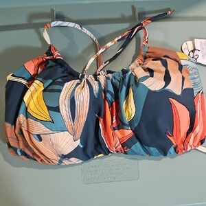 CALIA Women's Scrunched Tie Back Bikini Top: Botanical Print Sea Green: NWT: XL